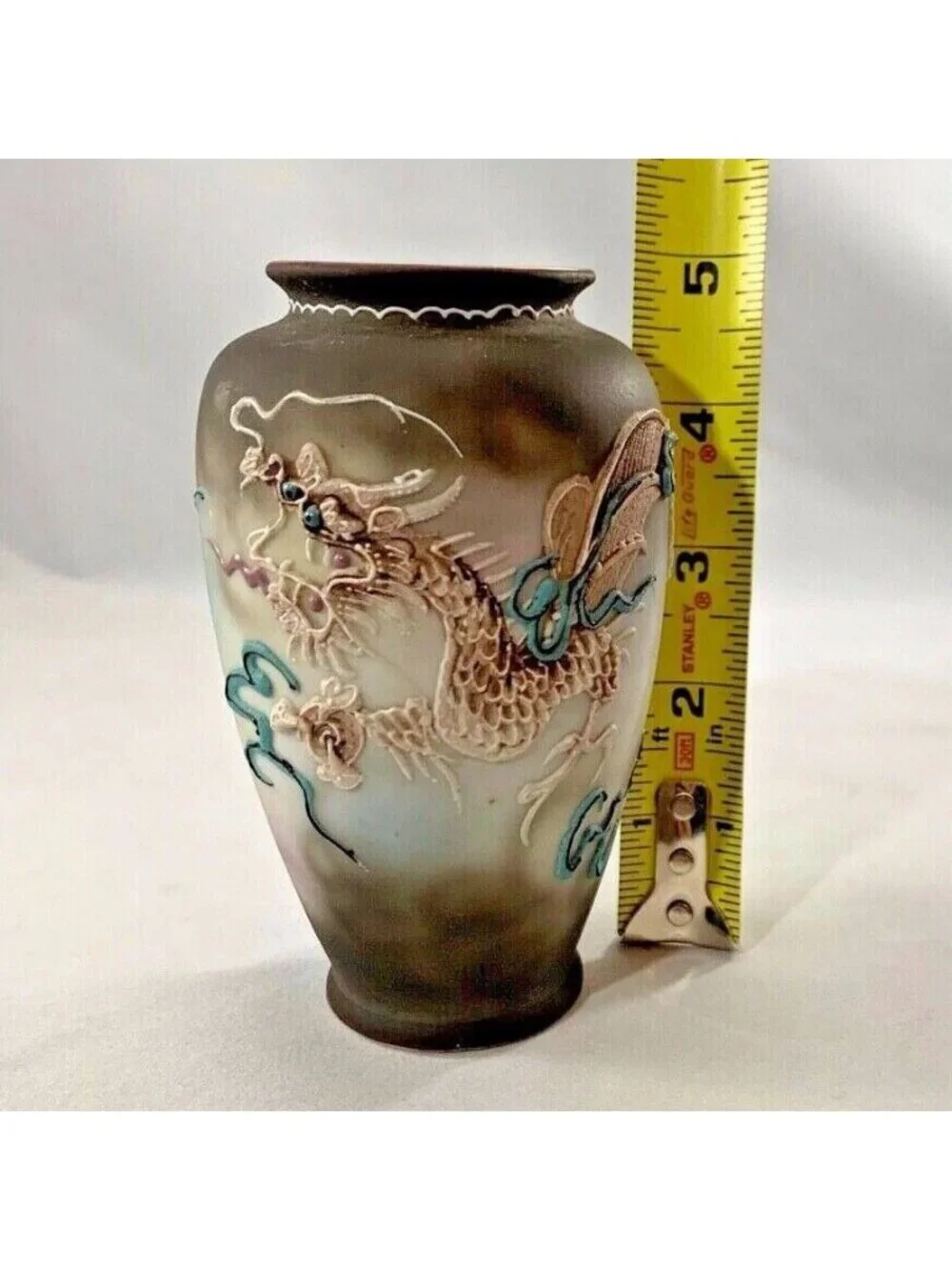 Japanese Dragon Moriage Vase Ceramic Brown Blue HandPainted Dragonware Raised